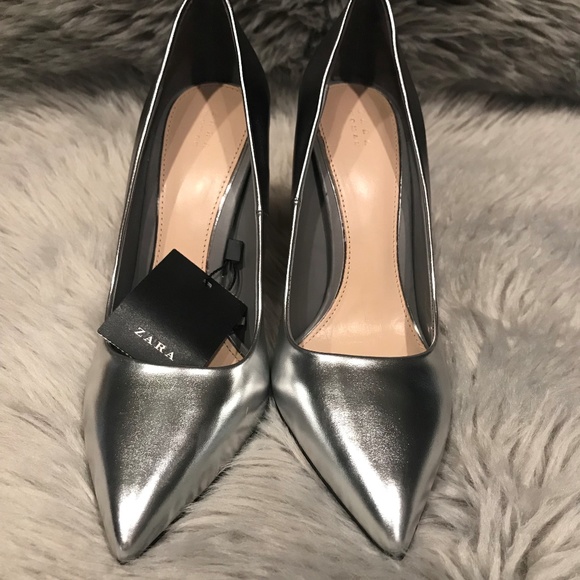 silver metallic pointed heels